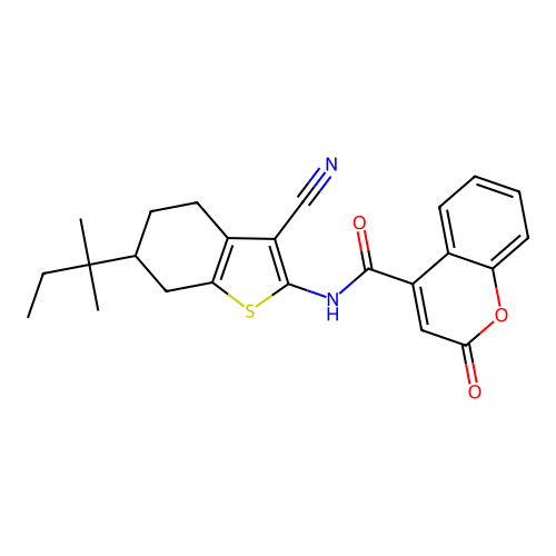 N-[3-cyano-6-(2-methylbutan-2-yl)-4,5,6,7-tetrahydro-1-benzothiophen-2-yl]-2-oxo-2H-chromene-4-carboxamide structure