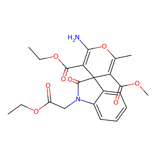 3'-ethyl 5'-methyl 2'-amino-1-(2-ethoxy-2-oxoethyl)-6'-methyl-2-oxo-1,2-dihydrospiro[indole-3,4'-pyran]-3',5'-dicarboxylate structure