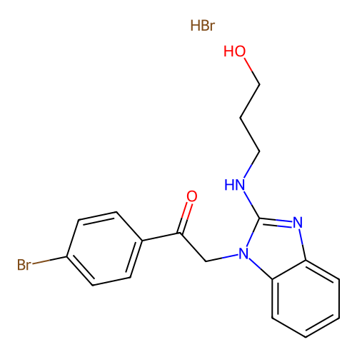 1-(4-bromophenyl)-2-(2-((3-hydroxypropyl)amino)-1H-benzo[d]imidazol-1-yl)ethanone hydrobromide structure