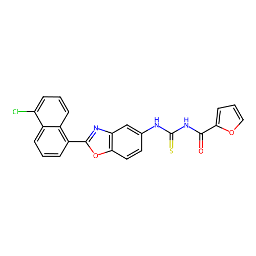 N-((2-(5-chloronaphthalen-1-yl)benzo[d]oxazol-5-yl)carbamothioyl)furan-2-carboxamide structure