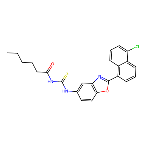 N-{[2-(5-chloronaphthalen-1-yl)-1,3-benzoxazol-5-yl]carbamothioyl}hexanamide structure