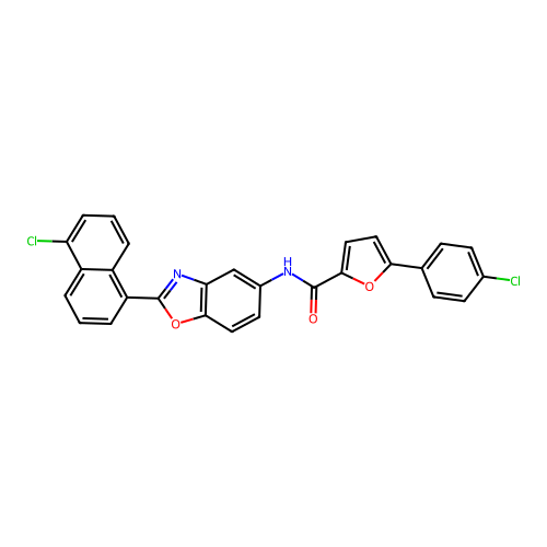 N-[2-(5-chloronaphthalen-1-yl)-1,3-benzoxazol-5-yl]-5-(4-chlorophenyl)furan-2-carboxamide structure