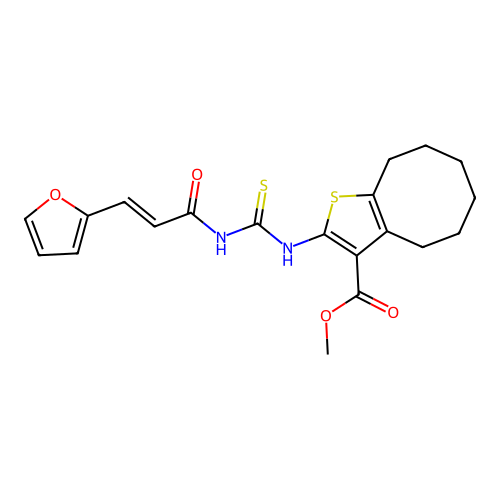 (E)-methyl 2-(3-(3-(furan-2-yl)acryloyl)thioureido)-4,5,6,7,8,9-hexahydrocycloocta[b]thiophene-3-carboxylate structure