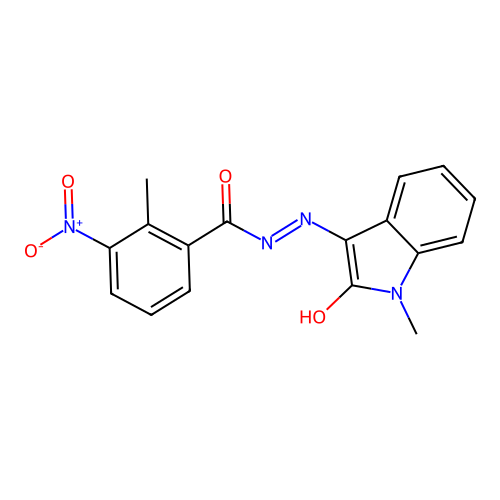 2-methyl-N-[(1-methyl-2-oxoindol-3-ylidene)amino]-3-nitrobenzamide structure
