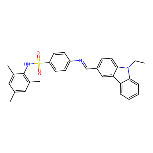 4-{[(9-ethyl-9H-carbazol-3-yl)methylene]amino}-N-mesitylbenzenesulfonamide structure