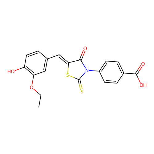 (Z)-4-(5-(3-ethoxy-4-hydroxybenzylidene)-4-oxo-2-thioxothiazolidin-3-yl)benzoic acid structure