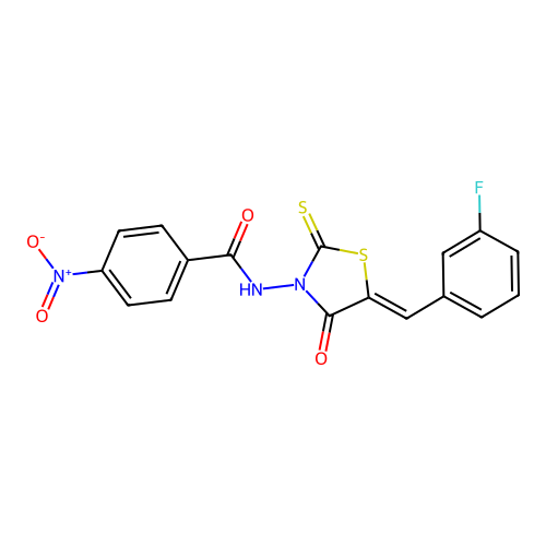 (Z)-N-(5-(3-fluorobenzylidene)-4-oxo-2-thioxothiazolidin-3-yl)-4-nitrobenzamide structure