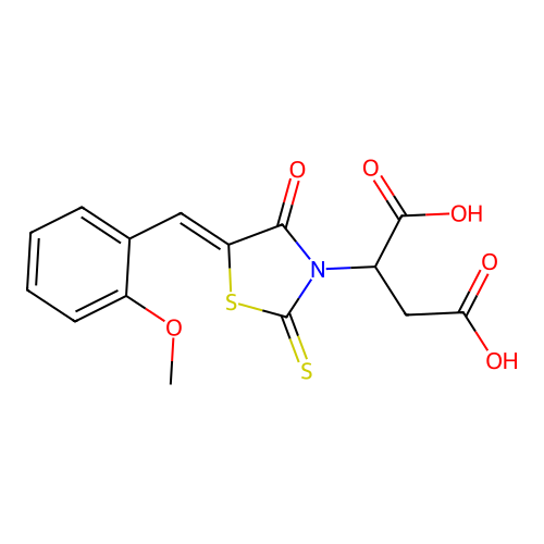 (Z)-2-(5-(2-methoxybenzylidene)-4-oxo-2-thioxothiazolidin-3-yl)succinic acid structure