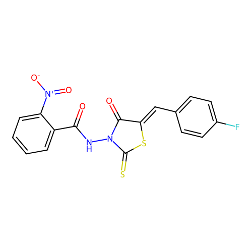 (Z)-N-(5-(4-fluorobenzylidene)-4-oxo-2-thioxothiazolidin-3-yl)-2-nitrobenzamide structure