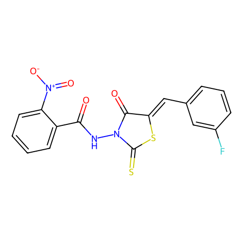 (Z)-N-(5-(3-fluorobenzylidene)-4-oxo-2-thioxothiazolidin-3-yl)-2-nitrobenzamide structure