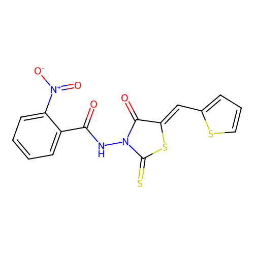 (Z)-2-nitro-N-(4-oxo-5-(thiophen-2-ylmethylene)-2-thioxothiazolidin-3-yl)benzamide structure