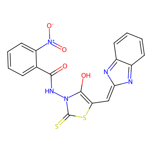 (Z)-N-(5-((1H-benzo[d]imidazol-2-yl)methylene)-4-oxo-2-thioxothiazolidin-3-yl)-2-nitrobenzamide structure
