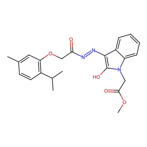 (Z)-methyl 2-(3-(2-(2-(2-isopropyl-5-methylphenoxy)acetyl)hydrazono)-2-oxoindolin-1-yl)acetate structure