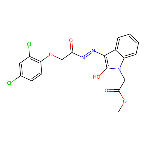 methyl [(3E)-3-{2-[(2,4-dichlorophenoxy)acetyl]hydrazinylidene}-2-oxo-2,3-dihydro-1H-indol-1-yl]acetate structure