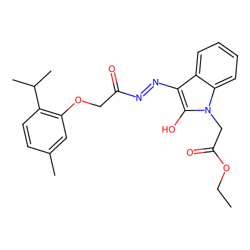(Z)-ethyl 2-(3-(2-(2-(2-isopropyl-5-methylphenoxy)acetyl)hydrazono)-2-oxoindolin-1-yl)acetate structure