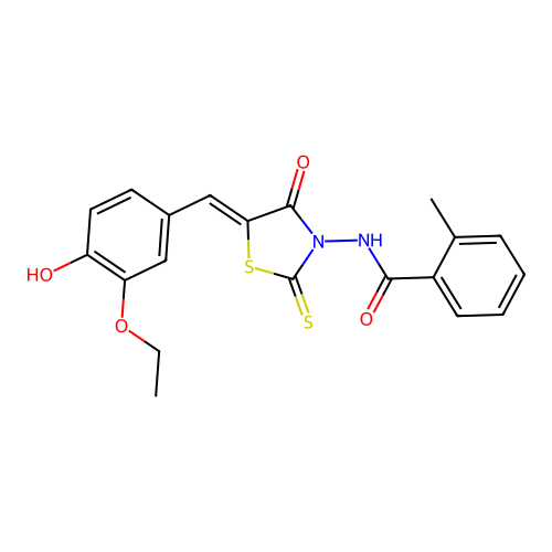 N-[(5Z)-5-(3-ethoxy-4-hydroxybenzylidene)-4-oxo-2-thioxo-1,3-thiazolidin-3-yl]-2-methylbenzamide structure
