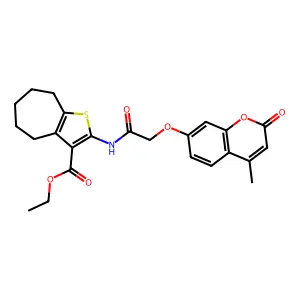 ethyl 2-[[2-(4-methyl-2-oxochromen-7-yl)oxyacetyl]amino]-5,6,7,8-tetrahydro-4H-cyclohepta[b]thiophene-3-carboxylate structure