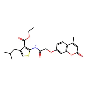 ethyl 4-isobutyl-2-(2-((4-methyl-2-oxo-2H-chromen-7-yl)oxy)acetamido)thiophene-3-carboxylate structure