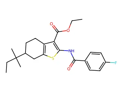 ethyl 2-[(4-fluorobenzoyl)amino]-6-(2-methylbutan-2-yl)-4,5,6,7-tetrahydro-1-benzothiophene-3-carboxylate structure
