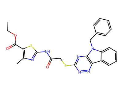 ethyl 2-({[(5-benzyl-5H-[1,2,4]triazino[5,6-b]indol-3-yl)sulfanyl]acetyl}amino)-4-methyl-1,3-thiazole-5-carboxylate structure