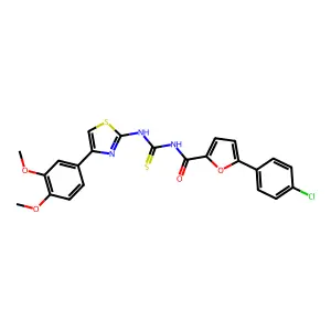 5-(4-chlorophenyl)-N-[[4-(3,4-dimethoxyphenyl)-1,3-thiazol-2-yl]carbamothioyl]furan-2-carboxamide structure