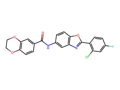 N-[2-(2-chloro-4-fluorophenyl)-1,3-benzoxazol-5-yl]-2,3-dihydro-1,4-benzodioxine-6-carboxamide structure