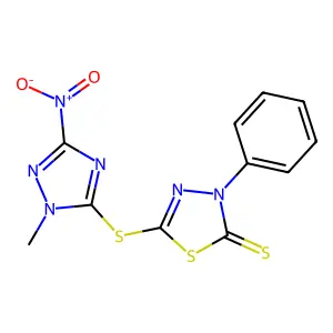 5-[(1-methyl-3-nitro-1H-1,2,4-triazol-5-yl)sulfanyl]-3-phenyl-1,3,4-thiadiazole-2(3H)-thione structure