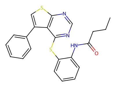 N-[2-(5-phenylthieno[2,3-d]pyrimidin-4-yl)sulfanylphenyl]butanamide structure