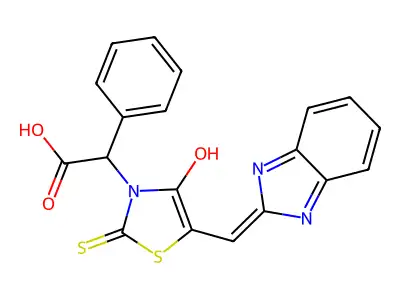 (Z)-2-(5-((1H-benzo[d]imidazol-2-yl)methylene)-4-oxo-2-thioxothiazolidin-3-yl)-2-phenylacetic acid structure