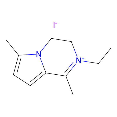 2-Ethyl-1,6-dimethyl-3,4-dihydropyrrolo[1,2-a]pyrazin-2-ium iodide structure