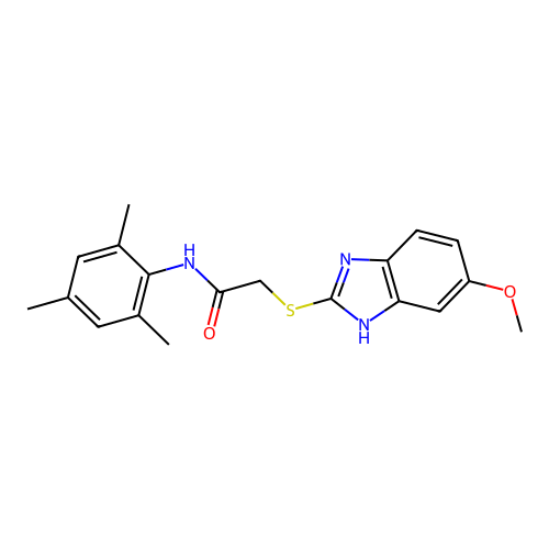 2-[(5-methoxy-1H-benzimidazol-2-yl)sulfanyl]-N-(2,4,6-trimethylphenyl)acetamide structure