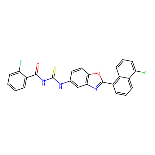 N-{[2-(5-chloronaphthalen-1-yl)-1,3-benzoxazol-5-yl]carbamothioyl}-2-fluorobenzamide structure
