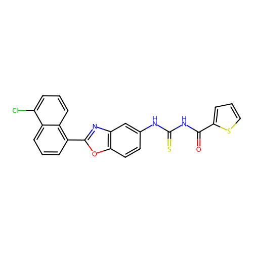 N-((2-(5-chloronaphthalen-1-yl)benzo[d]oxazol-5-yl)carbamothioyl)thiophene-2-carboxamide structure