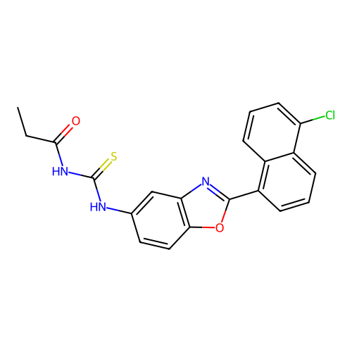 N-{[2-(5-chloronaphthalen-1-yl)-1,3-benzoxazol-5-yl]carbamothioyl}propanamide structure