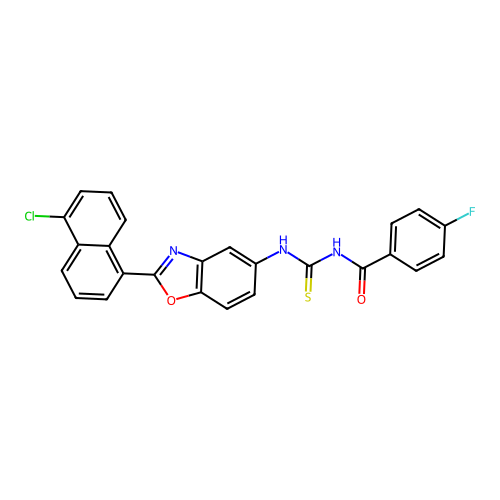 N-{[2-(5-chloronaphthalen-1-yl)-1,3-benzoxazol-5-yl]carbamothioyl}-4-fluorobenzamide structure