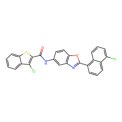 3-chloro-N-[2-(5-chloronaphthalen-1-yl)-1,3-benzoxazol-5-yl]-1-benzothiophene-2-carboxamide structure