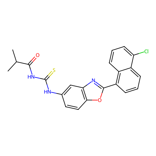 N-((2-(5-chloronaphthalen-1-yl)benzo[d]oxazol-5-yl)carbamothioyl)isobutyramide structure