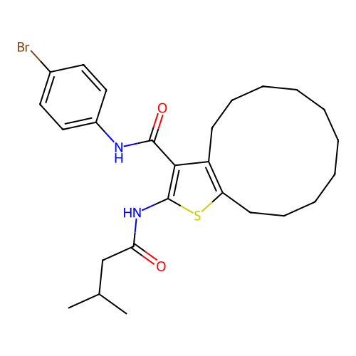 N-(4-bromophenyl)-2-(3-methylbutanamido)-4,5,6,7,8,9,10,11,12,13-decahydrocyclododeca[b]thiophene-3-carboxamide structure