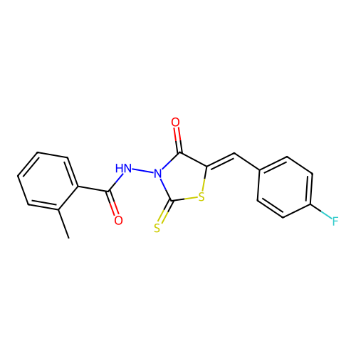 N-[(5Z)-5-(4-fluorobenzylidene)-4-oxo-2-thioxo-1,3-thiazolidin-3-yl]-2-methylbenzamide structure