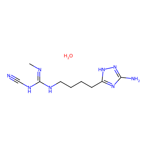 (Z)-1-(4-(5-amino-1H-1,2,4-triazol-3-yl)butyl)-2-cyano-3-methylguanidine hydrate structure