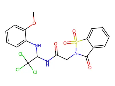 2-(1,1-dioxido-3-oxo-1,2-benzothiazol-2(3H)-yl)-N-{2,2,2-trichloro-1-[(2-methoxyphenyl)amino]ethyl}acetamide structure