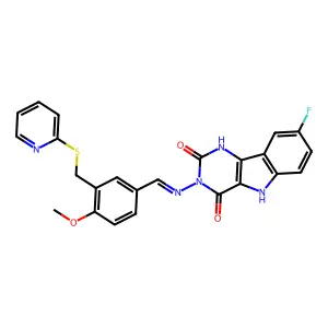 8-fluoro-3-[[4-methoxy-3-(pyridin-2-ylsulfanylmethyl)phenyl]methylideneamino]-1,5-dihydropyrimido[5,4-b]indole-2,4-dione structure