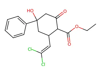 Ethyl 2-(2,2-dichlorovinyl)-4-hydroxy-6-oxo-4-phenylcyclohexanecarboxylate structure