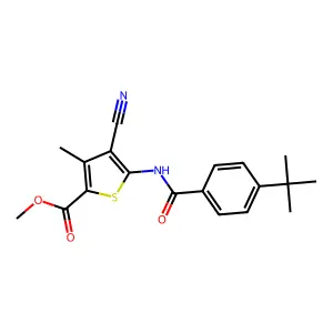 Methyl 5-(4-(tert-butyl)benzamido)-4-cyano-3-methylthiophene-2-carboxylate structure