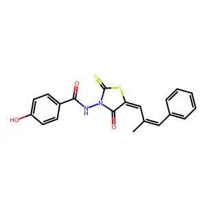 4-hydroxy-N-((Z)-5-((E)-2-methyl-3-phenylallylidene)-4-oxo-2-thioxothiazolidin-3-yl)benzamide structure