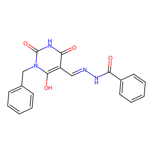 N-[(1-benzyl-6-hydroxy-2,4-dioxopyrimidin-5-yl)methylideneamino]benzamide structure