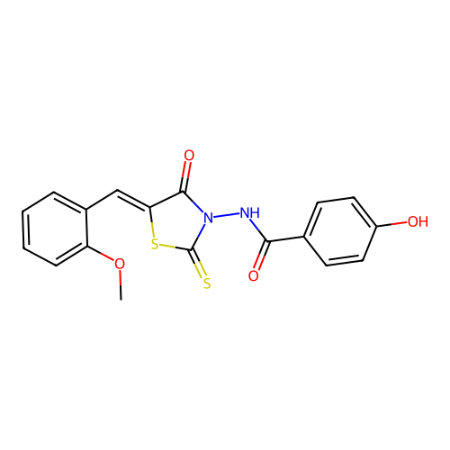 (Z)-4-hydroxy-N-(5-(2-methoxybenzylidene)-4-oxo-2-thioxothiazolidin-3-yl)benzamide structure