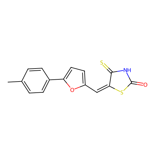 (E)-4-thioxo-5-((5-(p-tolyl)furan-2-yl)methylene)thiazolidin-2-one structure
