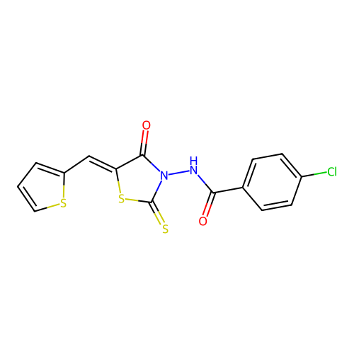 (Z)-4-chloro-N-(4-oxo-5-(thiophen-2-ylmethylene)-2-thioxothiazolidin-3-yl)benzamide structure