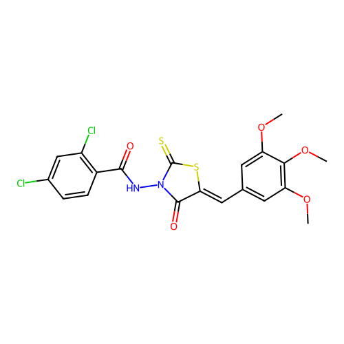 (Z)-2,4-dichloro-N-(4-oxo-2-thioxo-5-(3,4,5-trimethoxybenzylidene)thiazolidin-3-yl)benzamide structure